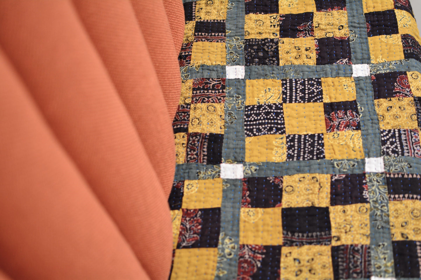 Mustard Floral Ajrak Ralli Sofa Throw and Bed Throw