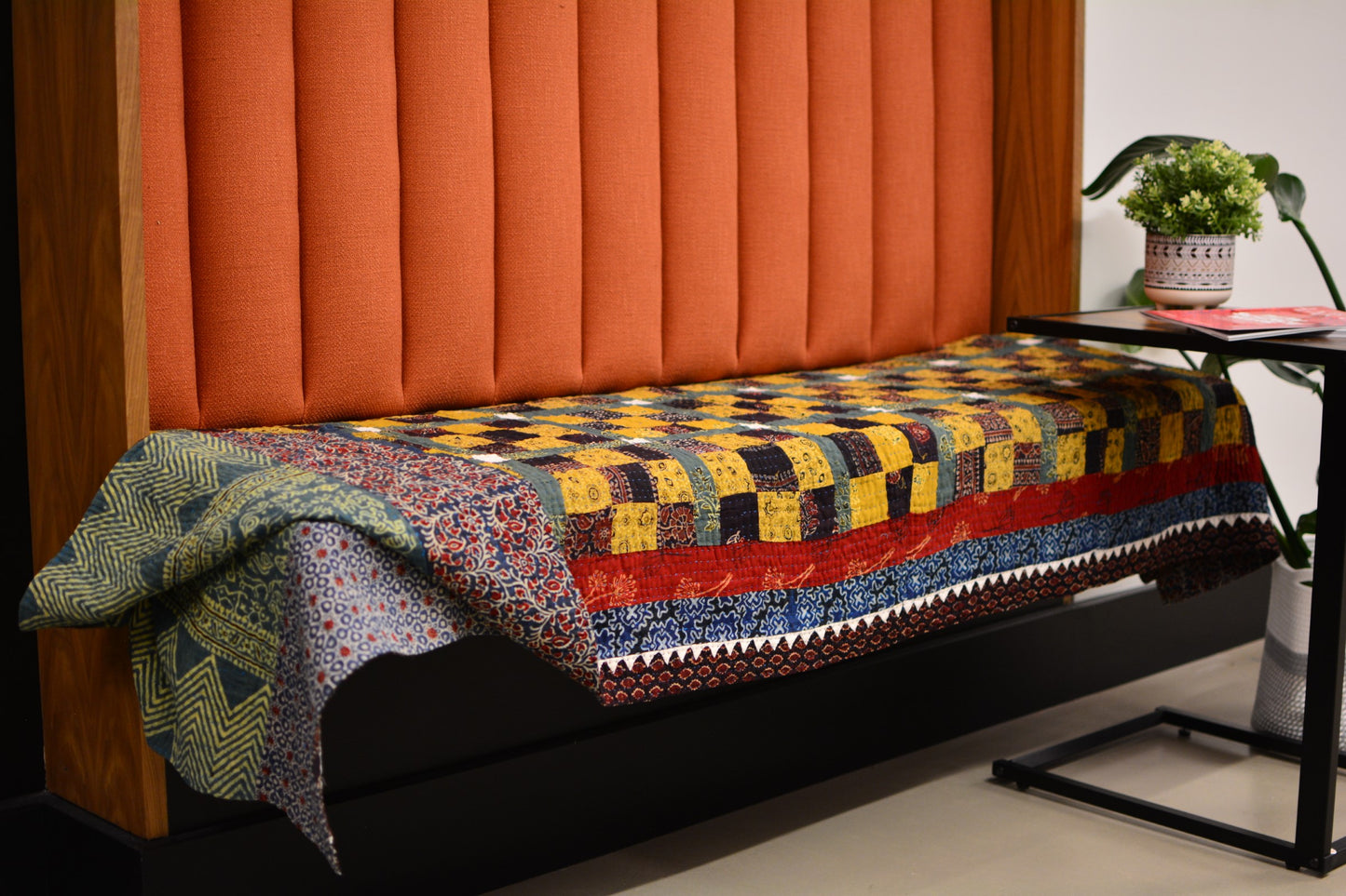 Mustard Floral Ajrak Ralli Sofa Throw and Bed Throw