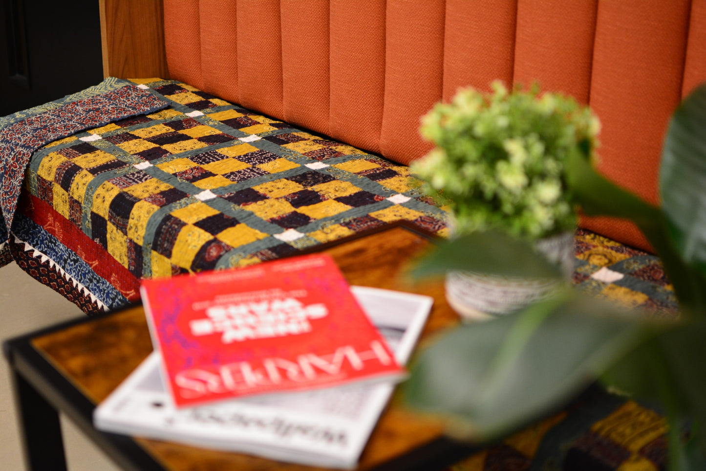 Mustard Floral Ajrak Ralli Sofa Throw and Bed Throw