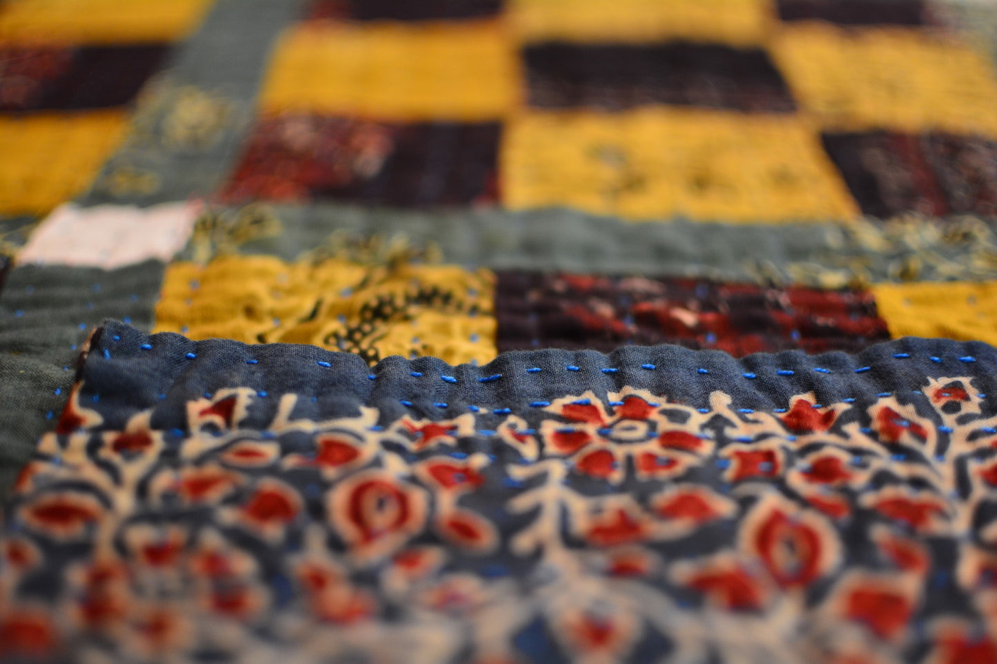 Mustard Floral Ajrak Ralli Sofa Throw and Bed Throw