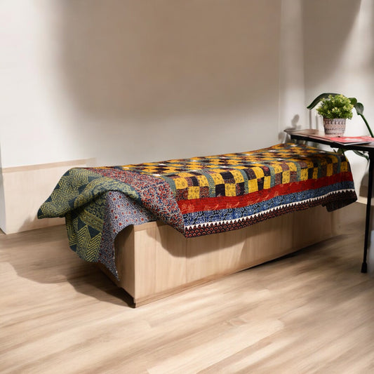 Mustard Floral Ajrak Ralli Sofa Throw and Bed Throw