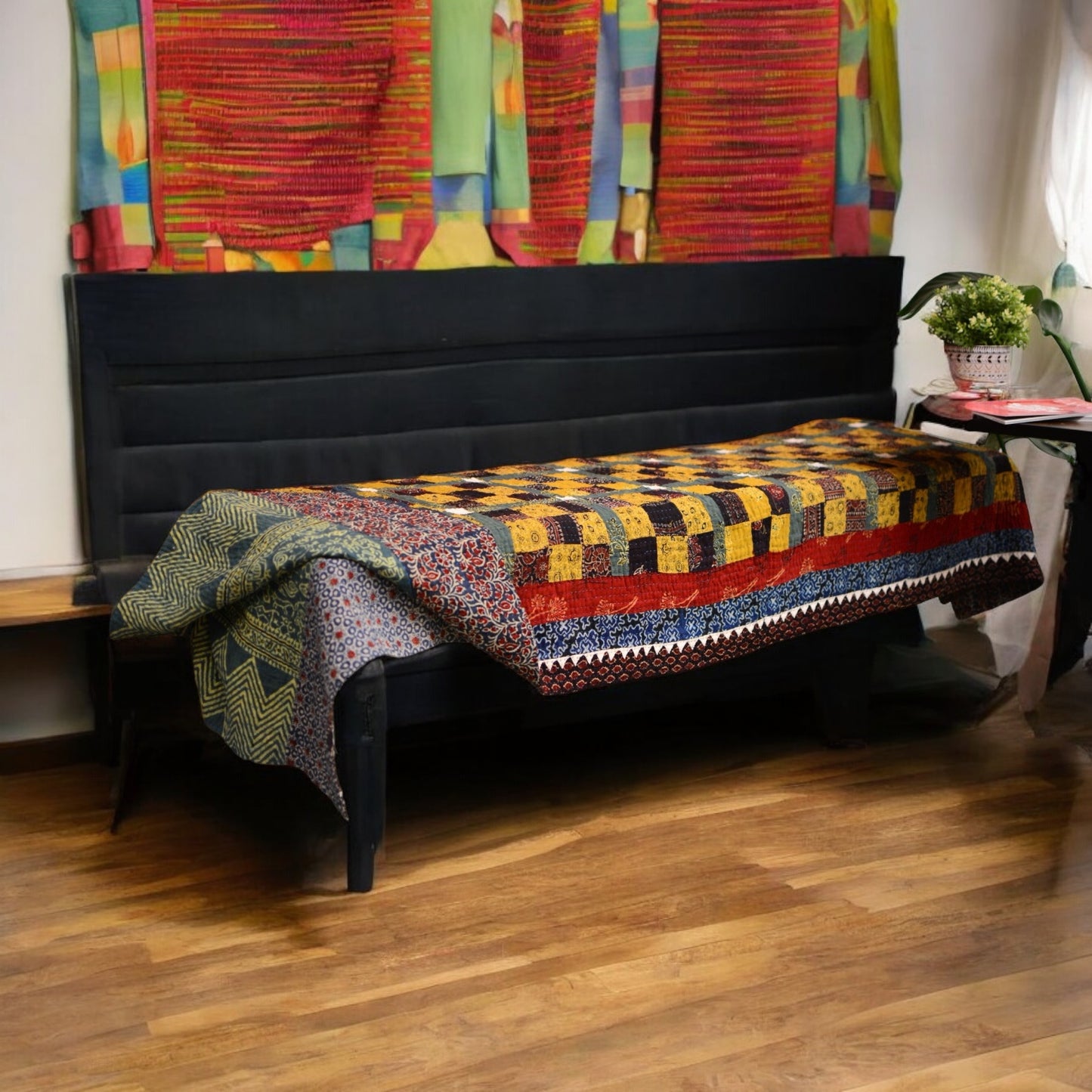 Mustard Floral Ajrak Ralli Sofa Throw and Bed Throw