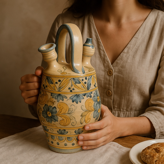 Antique Spanish Talavera Double-Spouted Botijo Pitcher