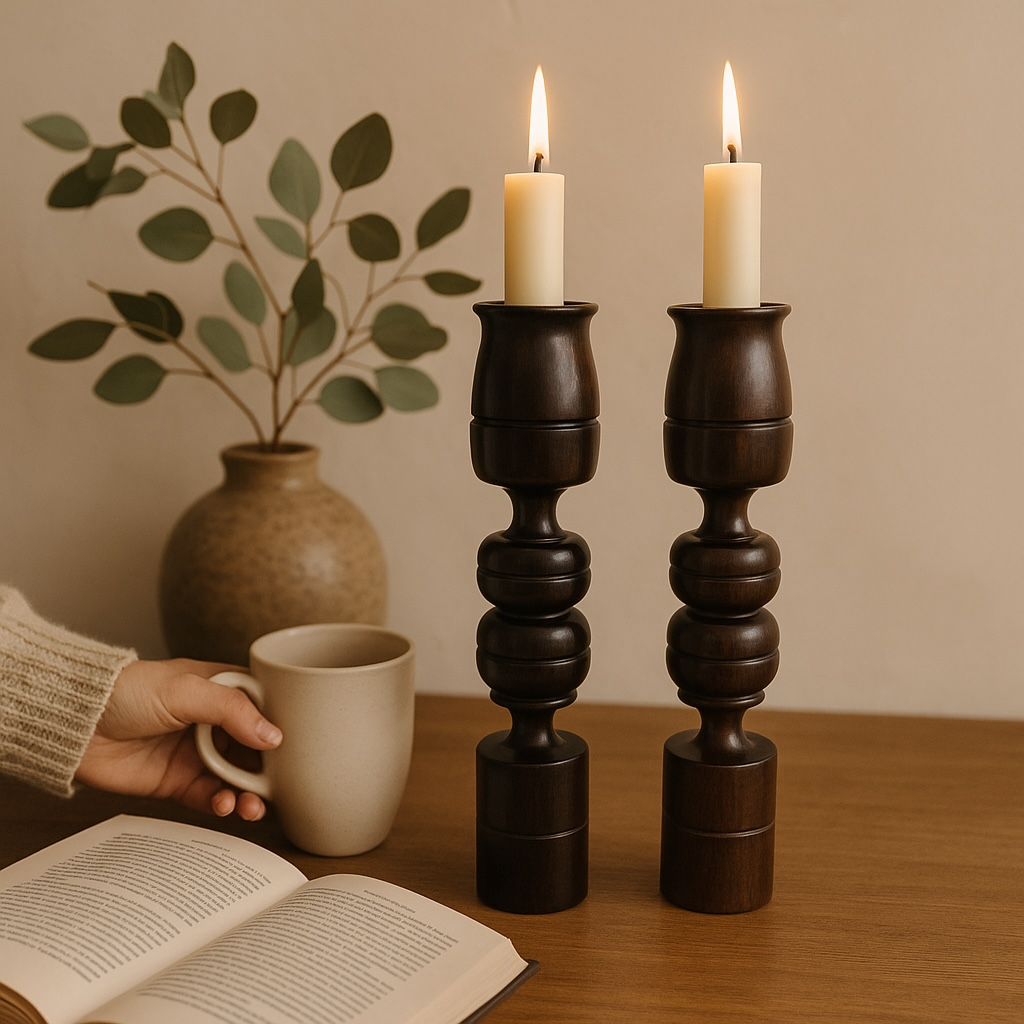 Vintage Mahogany Hand-Carved Candlestick Holders - Set of 2