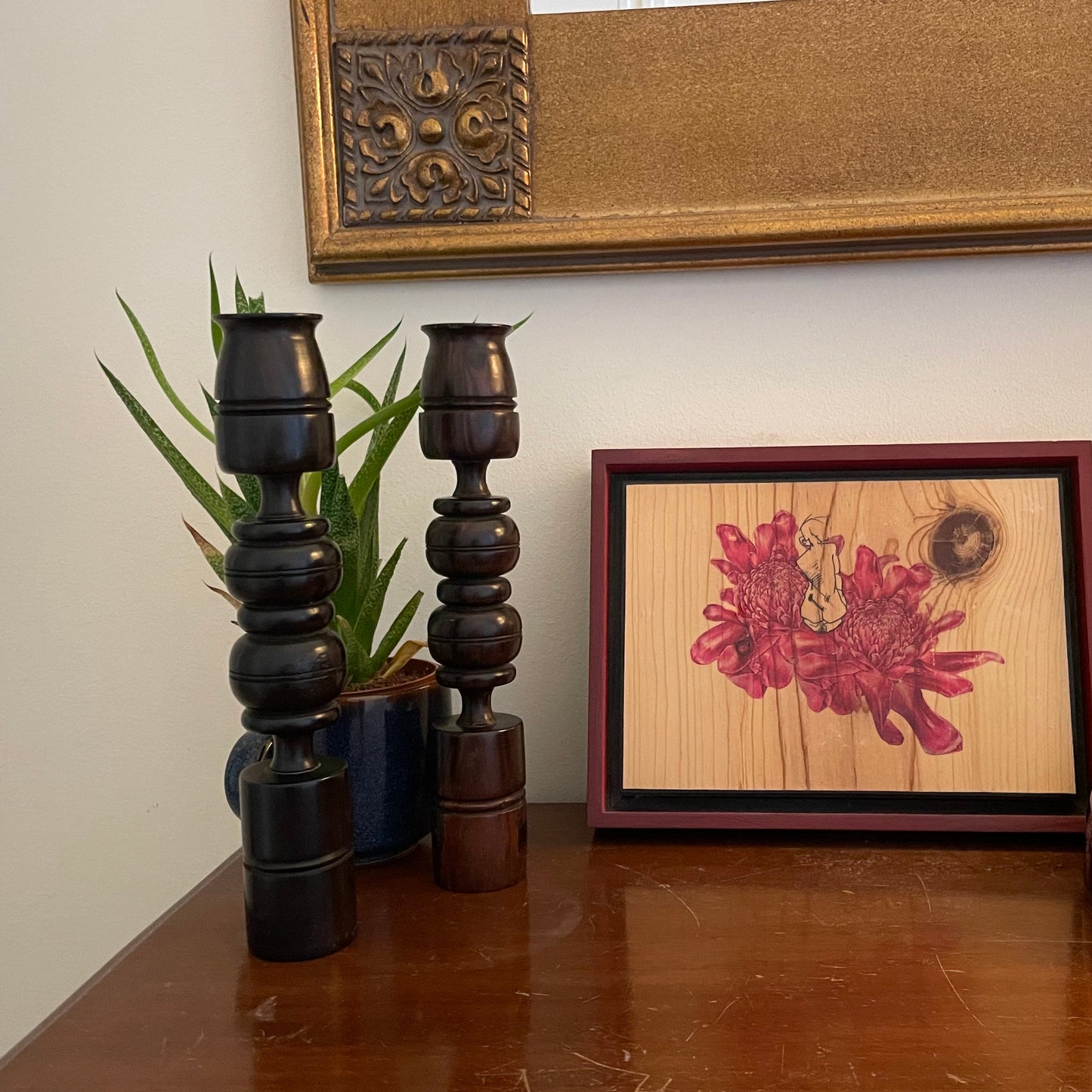 Vintage Mahogany Hand-Carved Candlestick Holders - Set of 2