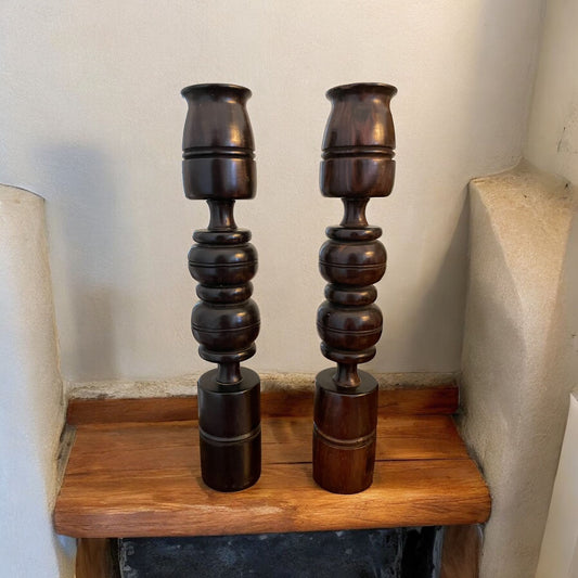 Vintage Mahogany Hand-Carved Candlestick Holders - Set of 2
