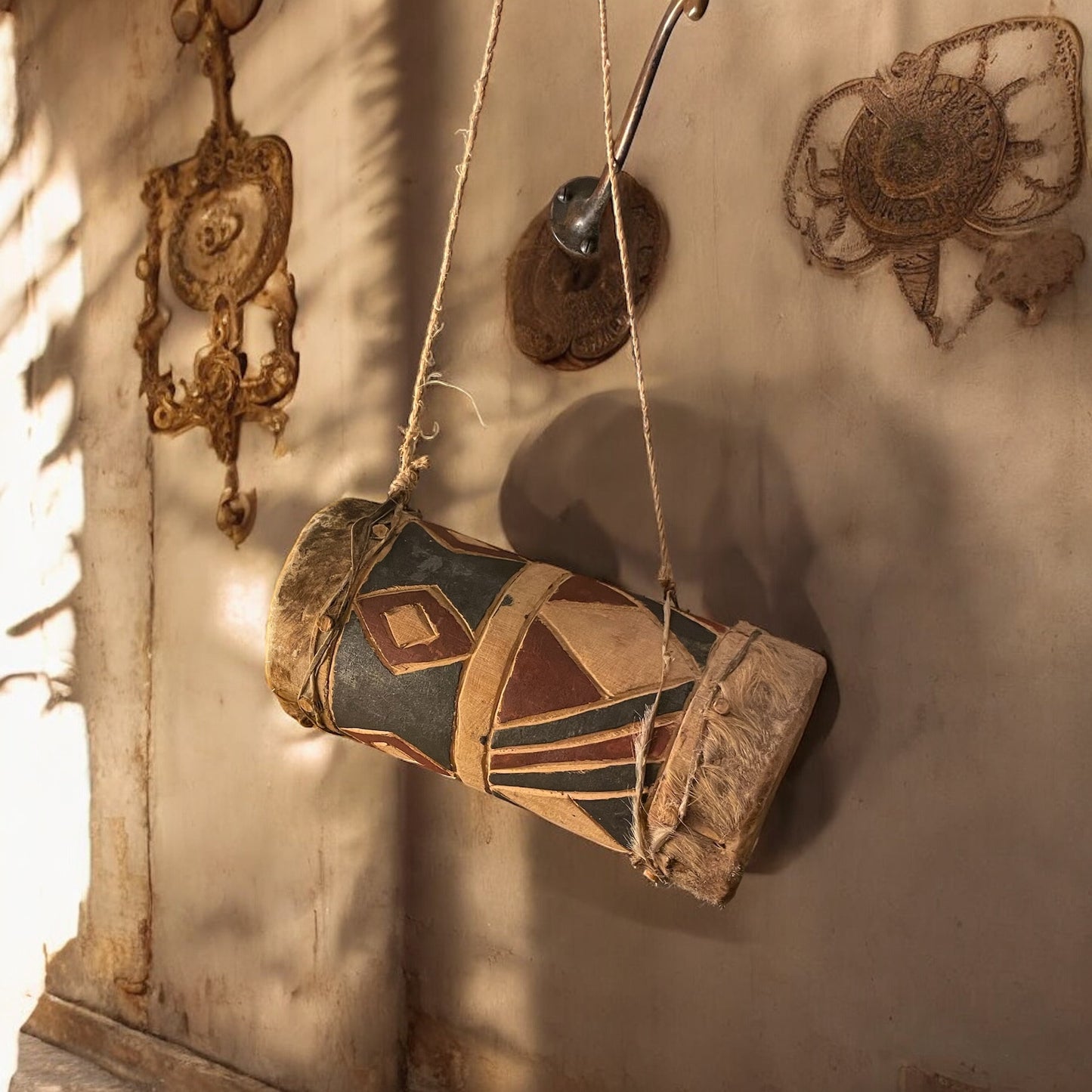 Small Hand Carved Animal Skin Wood African Tribal Hand Drum Musical Instrument (Preloved)