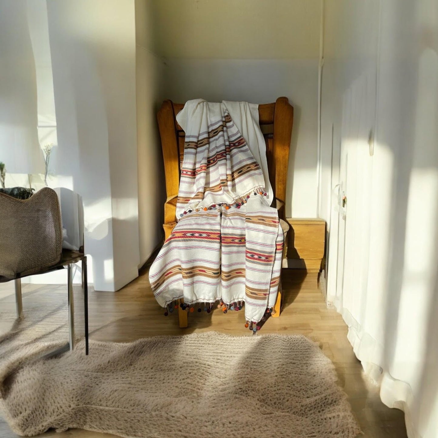 Unisex Handwoven Pom Pom Shawl