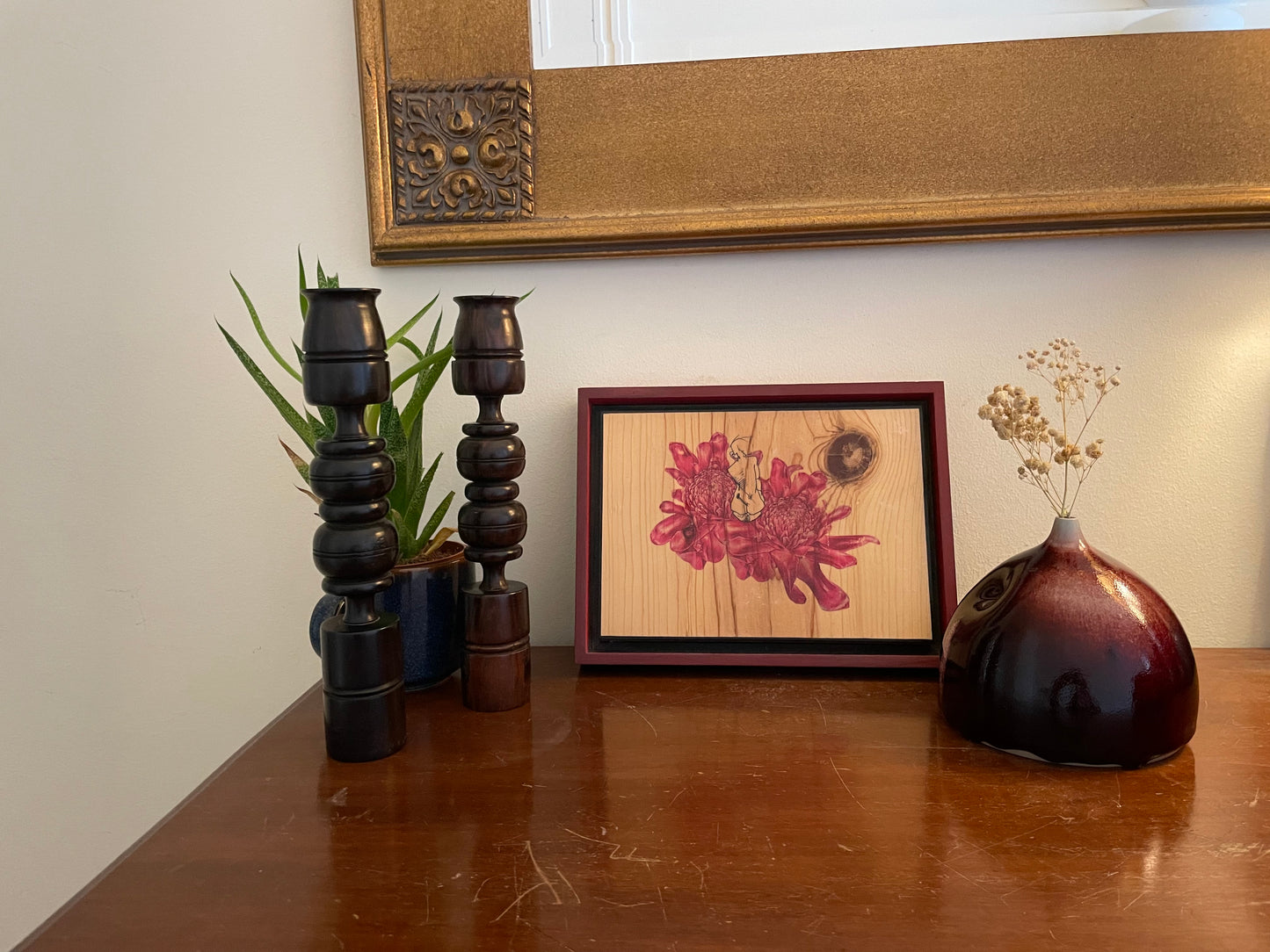 Vintage Mahogany Hand-Carved Candlestick Holders - Set of 2