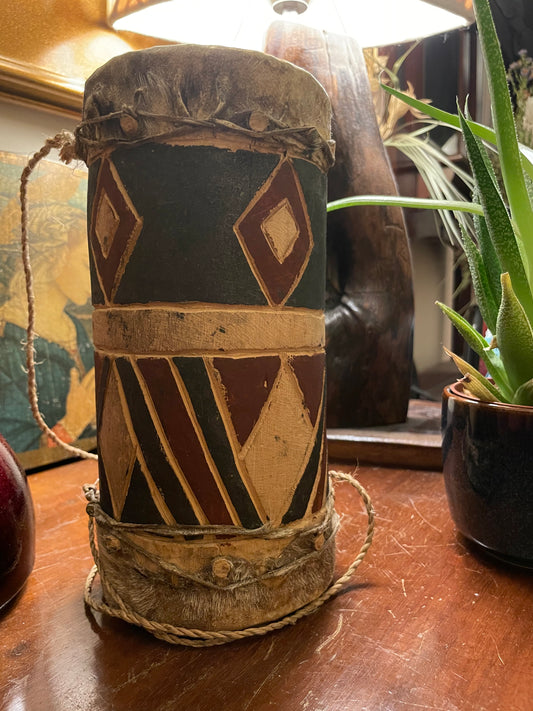 Small Hand Carved Animal Skin Wood African Tribal Hand Drum Musical Instrument (Preloved)