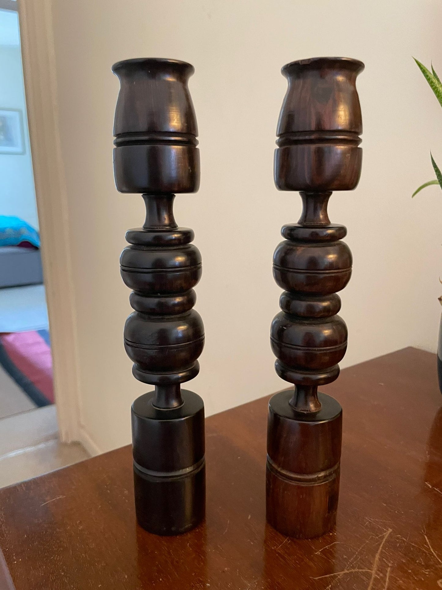 Vintage Mahogany Hand-Carved Candlestick Holders - Set of 2