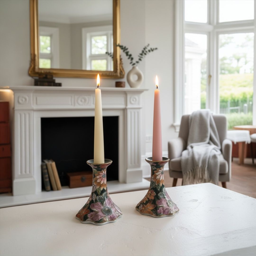 Vintage Floral Candle Holders Pair