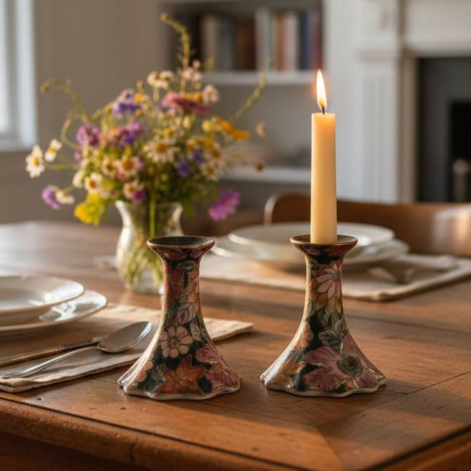 Vintage Floral Candle Holders Pair