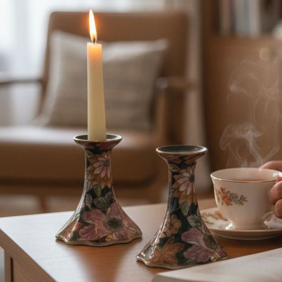 Vintage Floral Candle Holders Pair