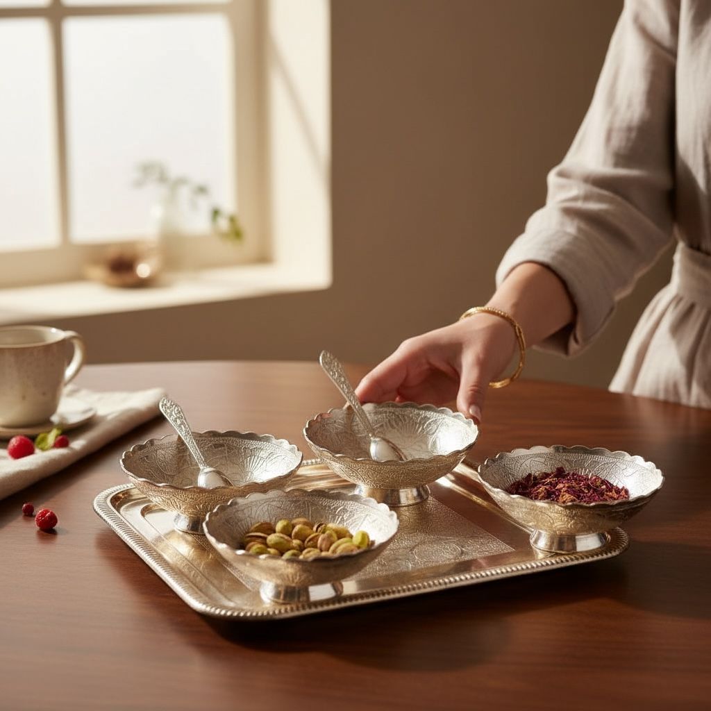 Royal Silver Serving Tray Set 4 Bowls with 2 Spoons