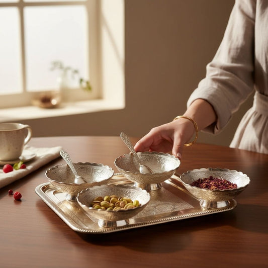 Royal Silver Serving Tray Set 4 Bowls with 2 Spoons