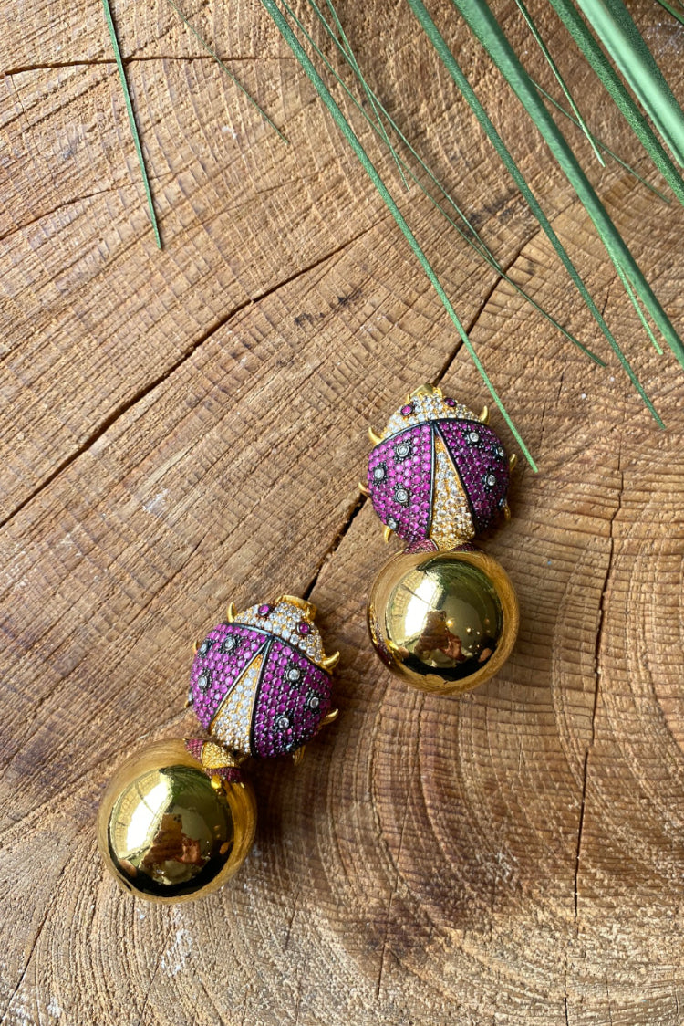 Handmade Pink Beetle 18K Gold Plated Earrings