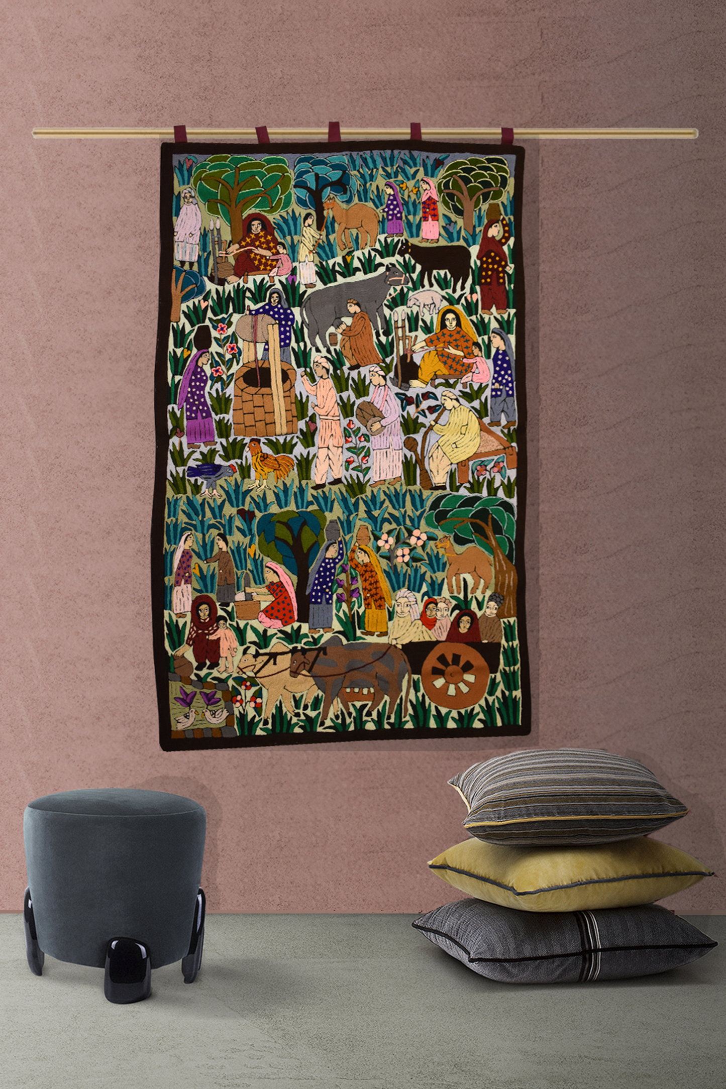 Village Hand Embroidered Tapestry